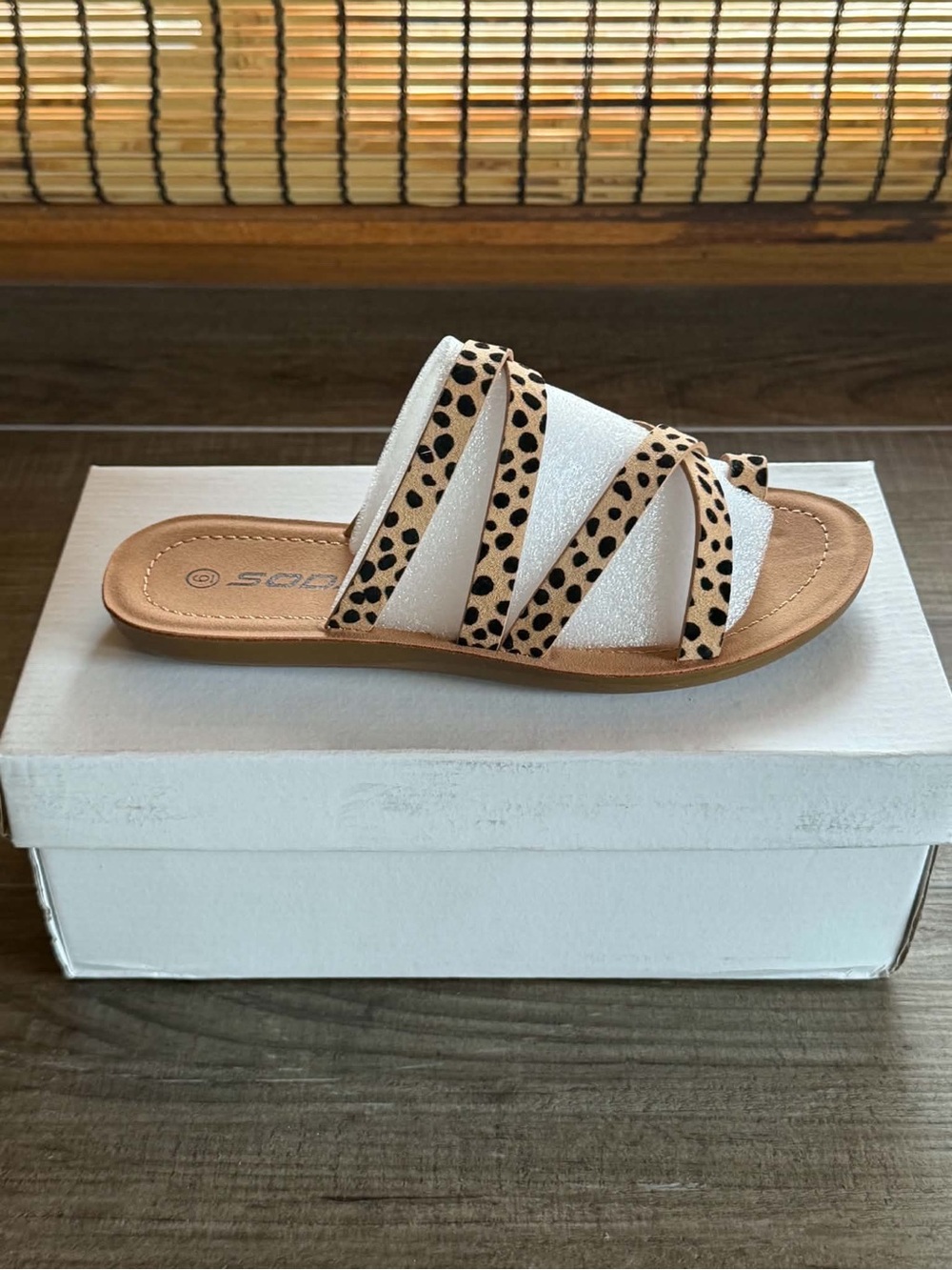 Tan & Black Slide Sandal with Leopard-Print Accent Straps - Women